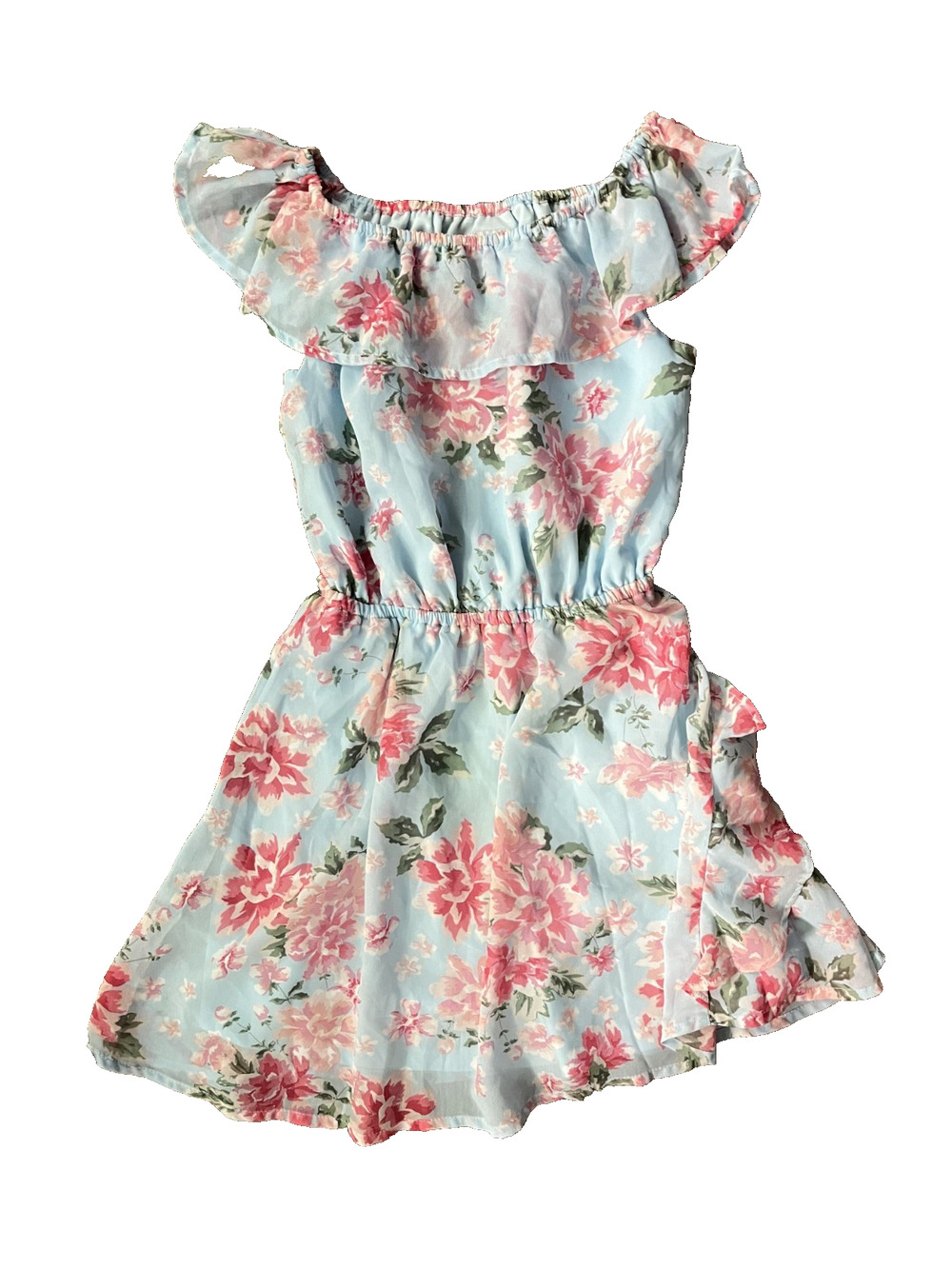Junior Girls Place Size Medium 7/8 Light Blue Pink Floral 26" Length Lined Dress